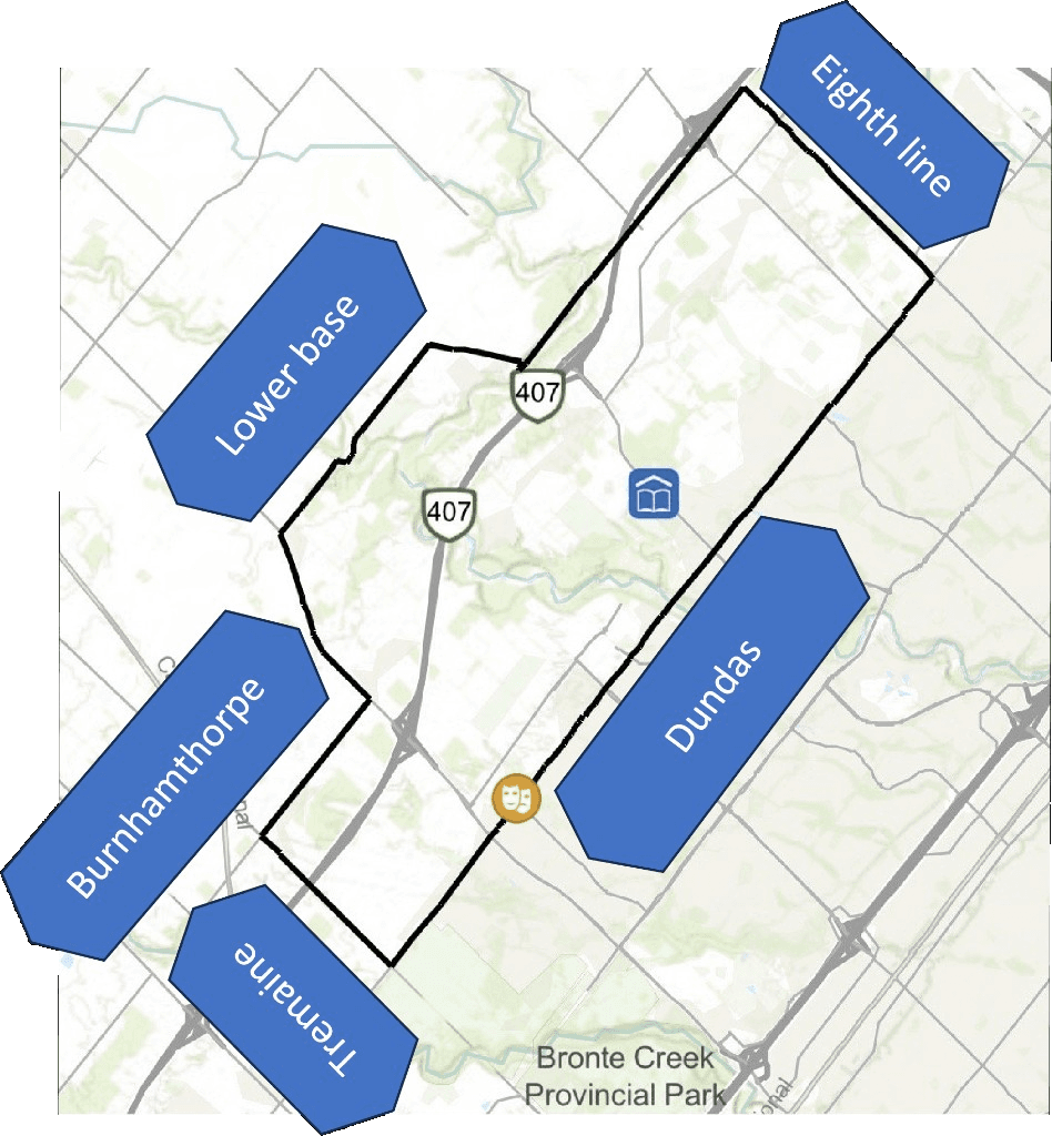 Oakville Ward 7 map, bounded by Eighth Line, Lower Base Line, Burnhamthorpe Road, Tremaine Road, and Dundas Street